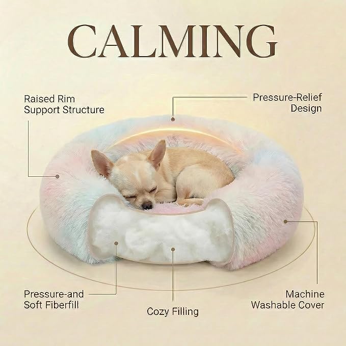 Tiny Dog Bed 15 Inch for Extra Small Dogs,Washable Puppy Bed,Soft Faux Fur Calming Donut Bed for Chihuahua Yorkie Maltese Pomeranian,Rainbow