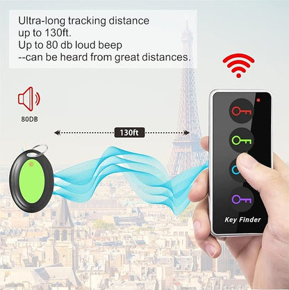 Reyke Key Finder, 80dB+ RF Item Locator Tags with 131ft. Working Range, Wireless Remote Tracker for Wallet, Phone, Glasses, Pet, 1 RF Transmitter & 4 Receivers