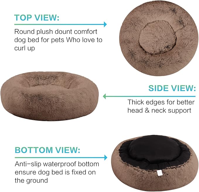 SAVFOX 45 inches Calming Donut Dog Bed - 3X Durable Plush Faux Fur, Machine Washable & Non-Slip, Fits up to 150 lbs, Brown