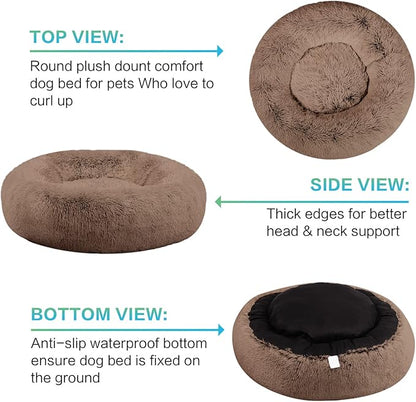 SAVFOX 45 inches Calming Donut Dog Bed - 3X Durable Plush Faux Fur, Machine Washable & Non-Slip, Fits up to 150 lbs, Brown