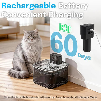 Wireless Cat Water Fountain, 2L Rechargeable Pet Fountain with Stainless Steel Tray, Ultra Quiet Pump, Motion Sensor & Anti-Dry Burn, Auto Water Dispenser for Cats Dogs, Black (1 Filter)