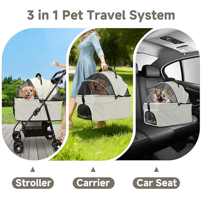 Pet Stroller for Small Dogs and Cats with 4 Wheels, 3 in 1 Foldable Dog Stroller with Detachable Carrier, Breathable Mesh, Storage Basket & Cup Holder, Up to 33 lbs