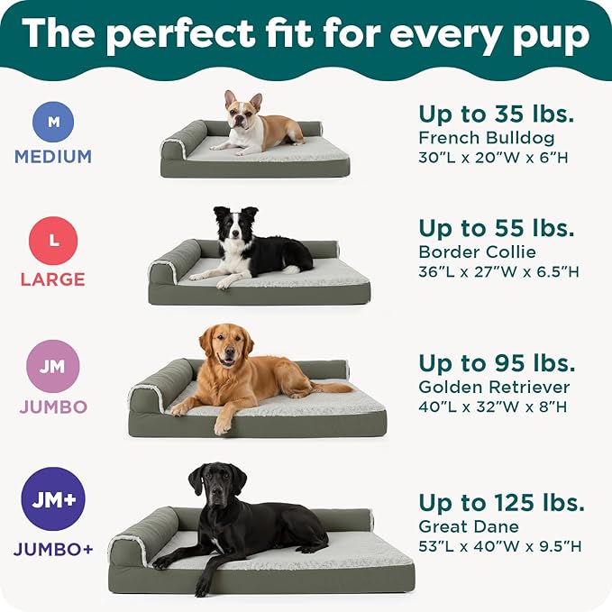 Furhaven Orthopedic Dog Bed for Medium/Small Dogs w/ Removable Bolsters & Washable Cover, For Dogs Up to 35 lbs - Two-Tone Plush Faux Fur & Suede L Shaped Chaise - Dark Sage, Medium