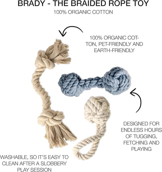 Pet Passion Brady The Rope Tug Toy 3-Pack Organic Cotton Dog Rope Pull Toys for All Pet Breeds, Sandy Chic, One Size