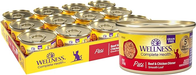 Wellness Complete Health Pate Adult Canned Wet Cat Food, Natural, Protein Rich, Grain Free, Beef and Chicken Dinner Recipe, 3 oz, Pack of 24 Cans