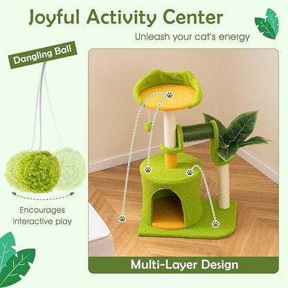 Tangkula Palm Small Cat Tree, Cute Cat Tower with Sisal Scratching Posts, Top Perch, Condo, Self Groomer & Dangling Ball, Unique Cat Tree Tower with Green Leaves for Indoor Cats