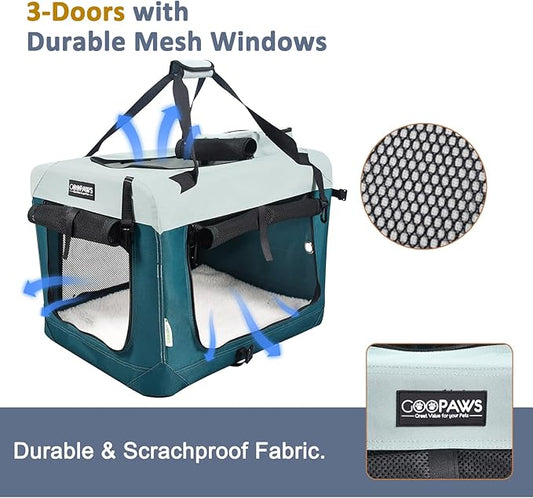 JESPET Soft Dog Crates Kennel for Pets, 3 Door Soft Sided Folding Travel Pet Carrier with Straps and Fleece Mat for Dogs, Cats (8-Teal Blue, Large(30" L x 21" W x 23" H))