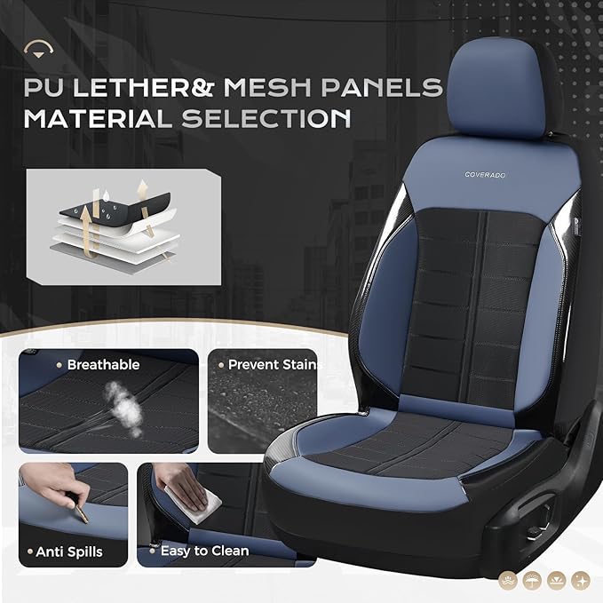 Coverado 3D Air Mesh Front Car Seat Cover, Sports Carbon Fiber Design, Breathable Seat Protectors Airbag Compatible Comfort Universal for Most Cars, Van,Trucks, SUV, Black&Blue