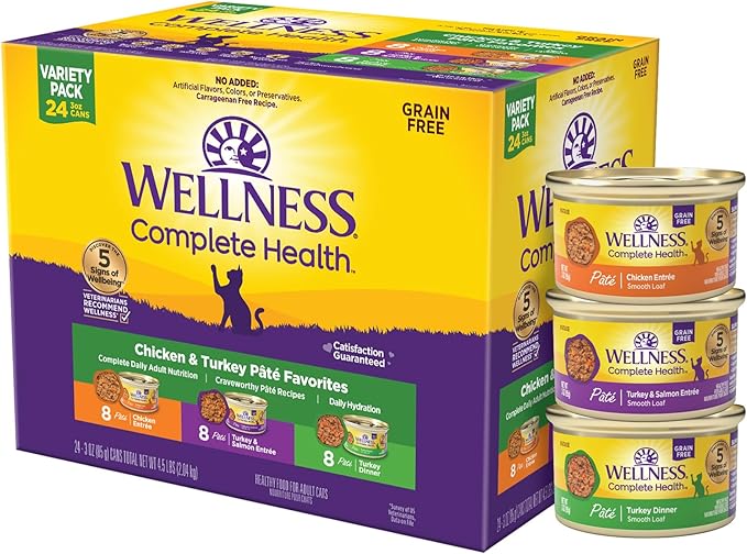 Wellness Complete Health Pate Variety Pack Adult Canned Wet Cat Food, Natural, Protein Rich, Grain Free, Chicken and Turkey Favorites, 3 oz, Pack of 24 Cans