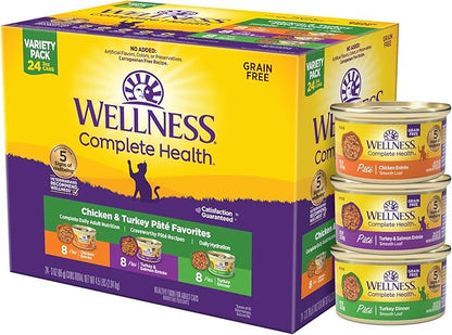 Wellness Complete Health Pate Variety Pack Adult Canned Wet Cat Food, Natural, Protein Rich, Grain Free, Chicken and Turkey Favorites, 3 oz, Pack of 24 Cans