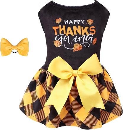 CuteBone Happy Thanksgiving Day Dog Fall Dress Costume Velvet for Small Dogs Girl Puppy Dresses Yellow Plaid Dog Clothes CVA03S-D