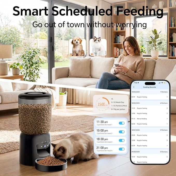Automatic Cat Feeder with 2K HD Camera: 5G WiFi Automatic Dog Feeder with Night Vision, Auto Cat Food Dispenser with 6L Large Food Storage for Multiple Pet, Detachable for Easy Clean -24 Cup