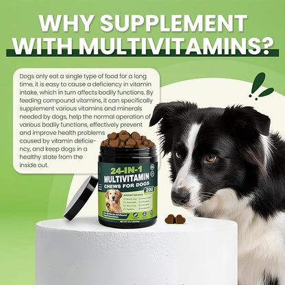 24-in-1 Dog Multivitamins Chewable, 200 Count Dog Vitamins and Supplements with Glucosamine Chondroitin Probiotics Omega-3 for Skin Coat Hip Joint Heart Liver Brain Eye Support - Peanut Butter