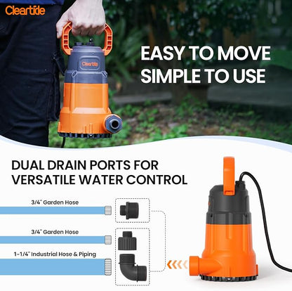 Submersible Utility Water Pump, 1/3 HP 2790 GPH Portable Sump Pump with Copper Motor, Plug and Work for Pond, Garden Watering, Pool or Hot Tub Water Transfer