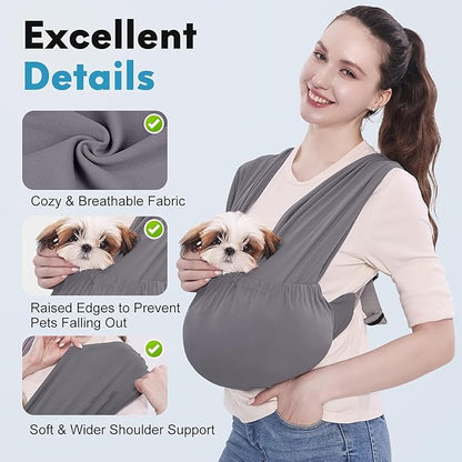 Supet Dog Sling Carrier for Small Pets, Hands Free Cat Sling, Reducing Back Neck Pain Anti-Anxiety Puppy Front, Adjustable Soft Dog Carrying (Grey, Regular 0-9 Lbs)