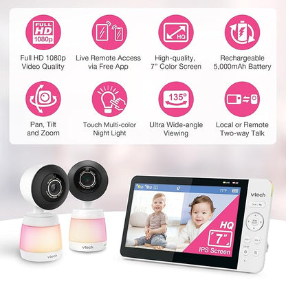 VTech Smart WiFi Baby Monitor with 2 Cameras, 1080p FHD Video, Free App with Motion Videos, Sound/Motion Alerts, 7" IPS Split‑Screen Display, Pan‑Tilt‑Zoom, Dual‑Room Monitoring – Smart HQ Max Twin