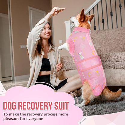Lukovee Recovery Suit for Dogs, Zipper On Recovery Suit for Female Male Dog, Onesie Abdominal Wounds Cone E-Collar Alternative Prevent Licking Spay Recovery Suit (Pink, XXL)