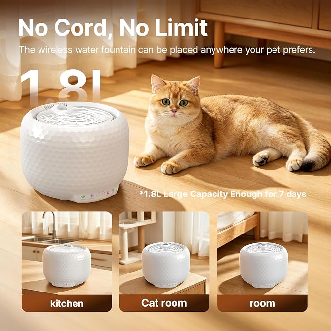 Red Dot Award Wireless Cat Water Fountain 1.8L/60oz, 145° Sensor Fountain with 5000mAh Battery, Silent Pump, Water-Electric Separation & Low Water Auto Shut Off for Cats Dogs