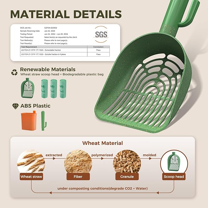 MUTTROS Cactus Cat Litter Scooper with Holder - 3 Rolls of Trash Bags, Wheat Straw Plastic Shovel & ABS Handle and Box - Cat Litter Scoop with Bag - Premium Kitty Litter Scoop Green