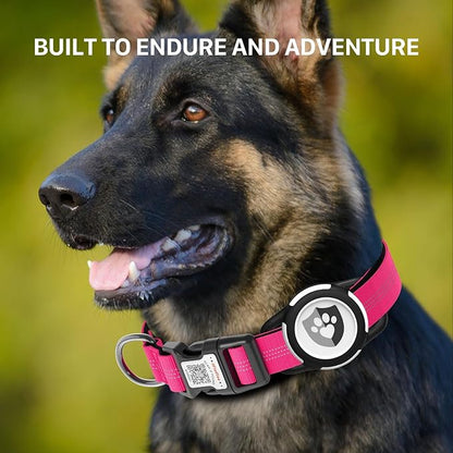 Reflective Dog Collar with AirTag Holder for Puppy Soft Nylon Rose Red Sized XS