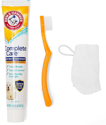 Arm & Hammer Complete Care Puppy Dental Kit, Enzymatic Toothpaste with Baking Soda and Calcium for Dogs, Peanut Butter Flavor, Toothbrush and Microfiber Brush Included, Fluoride-Free, 2.5 Oz