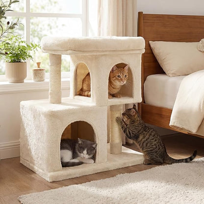 DORTALA Cat Tree for Indoor Adult Cats & Kittens, 25.5" Modern Cat Tower with 2 Condos, Top Perch, 3 Caves, Sisal Scratching Post, Pet Climbing Furniture Activity Center (Beige)