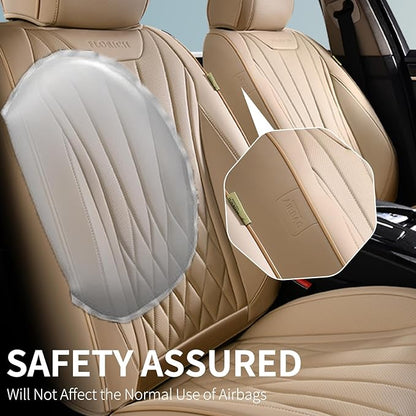 FLORICH Universal Seat Covers Full Set, 5 Seats Leather Seat Covers for Cars, Waterproof & Breathable Nappa Leather Car Seat Protector Fit for Most Cars - Beige