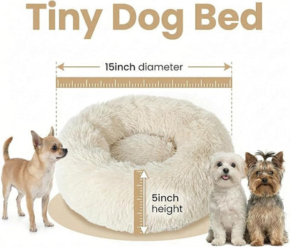 Tiny Dog Bed 15 Inch for Extra Small Dogs,Washable Puppy Bed,Soft Faux Fur Calming Donut Bed for Chihuahua Yorkie Maltese Pomeranian,Beige