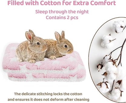 Amakunft 2 Pcs Guinea Pig Bed Mat Washable, Rabbit Winter Bed Pad for Indoor, Warm Small Animal Bed Mattres, Fleece Sleeping Pad for Bunny, Rat, Hedgehog, Sugar Glider, Chinchilla (Pink Star, Large)
