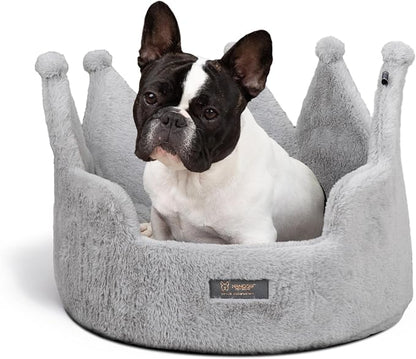 NANDOG Crown Dog Bed for Small Dogs & Cats – Soft Plush Round Pet Bed, Cozy Royal Design, Comfortable Indoor Puppy Bed for Crate or Kennel, Light Gray, Medium