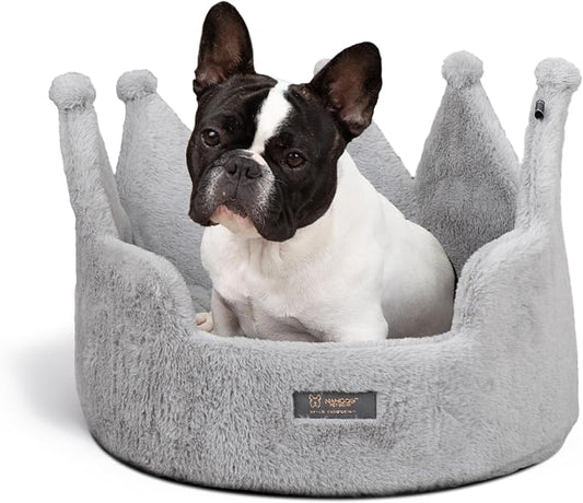 NANDOG Crown Dog Bed for Small Dogs & Cats – Soft Plush Round Pet Bed, Cozy Royal Design, Comfortable Indoor Puppy Bed for Crate or Kennel, Light Gray, Medium
