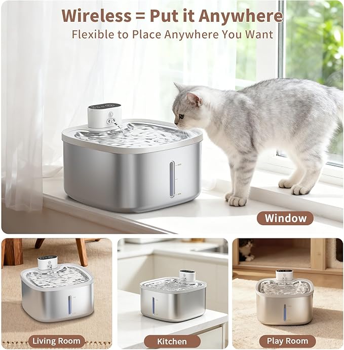 Cat Water Fountain Stainless Steel Wireless 118oz/3.5L–Cordless Battery-Operated Pet Water Dispenser with All-in-One Rechargeable Pump, Quiet Indoor Fountain for Cats & Dogs (Fountain+2Filters)