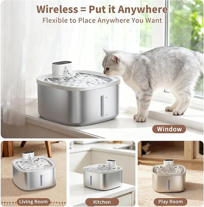Cat Water Fountain Stainless Steel Wireless 118oz/3.5L–Cordless Battery-Operated Pet Water Dispenser with All-in-One Rechargeable Pump, Quiet Indoor Fountain for Cats & Dogs (Fountain+2Filters)