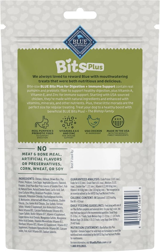 Blue Buffalo Blue Bits Plus Digestion and Immune Support Daily Benefit Dog Treats, Soft & Chewy Chicken and Pumpkin Morsels, 9.5-oz. Bag
