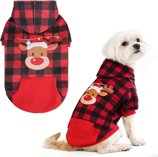 EXPAWLORER Plaid Dog Hoodie - British Style Warm Dog Sweater Shirt with Leash Hole,Pitbull Clothes Outfits,Winter Coat Apparel for All Breeds Puppy Girl Boy-Cat Apparel,Christmas Buffalo Check Small