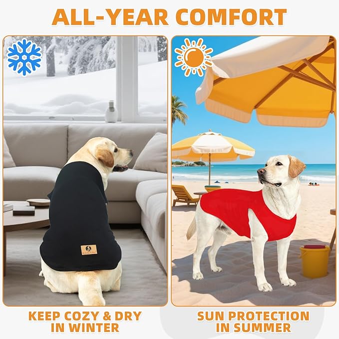 KOOLTAIL Dog Clothes for Large Dogs Boy Girl, 2 Pack Cotton Fall/Winter Warm Dog T Shirts Coats for Outdoor, UV & Insect Protection Anti-Hair Loss & Lightweight Pet Vest Tank Tops Apparel, Black&Red L