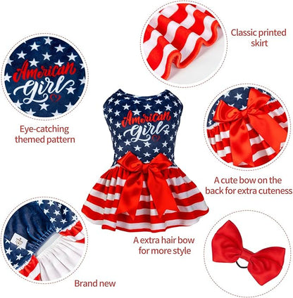 CuteBone Dog Dresses Velvet 4th of July Small Dogs Clothes Onesie Pet Apparel Girl Puppy Skirt with Bow Hair Rope CVA39XS-D