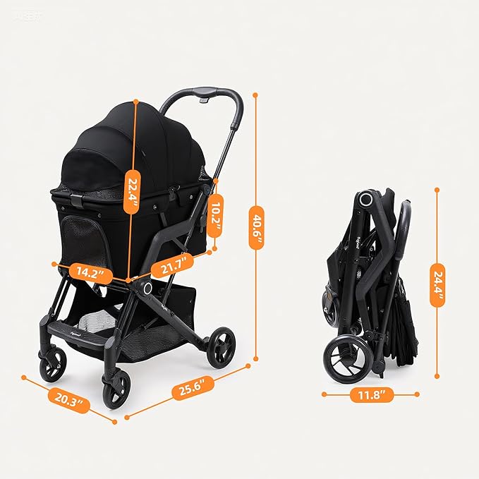 Upgraded Small/Medium Pet Stroller - Dogs & Cats up to 66 lbs, Folds for Storage and Features a Safety Foot Brake, 3-in-1 Foldable Portable Travel Carrier for 2 Small to Medium Pets (Black)