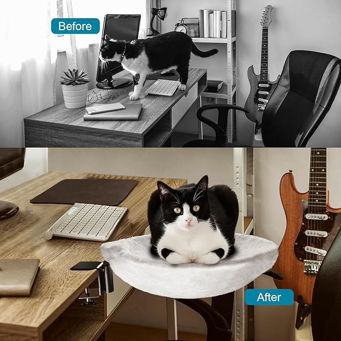 Cat Bed for Desk – Under-Table Cat Hammock with 2 Replacement Beds, Removable Zipper Faux Fur Covers, Easy to Install, Supports Up to 50lbs