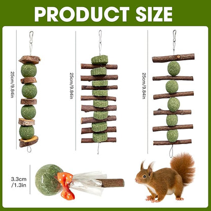 Jorewood 3 Pcs Bunny Chew Toys with 3 Pcs Rabbit Chew Lollipop for Teeth Grinding, Improve Dental Health, Treats for Rabbits Guinea Pigs Chinchillas Bunnies Hamsters