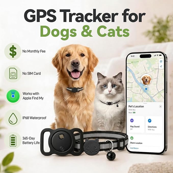 Dog Tracker, GPS Tracker for Dogs with Real-Time Location Tracking, No Monthly Fee or SIM Card, IP68 Waterproof Dog Tracker Collar, Sound Alert, Up to 365-Day Battery, iOS Only (Black)