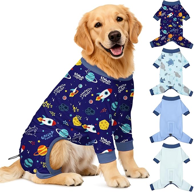 Bienbee Dog Pajamas, 4 Pack Dog Recovery Suit Shedding Suit Cute Soft Puppy Clothes Dogs Pjs Onesies Jammies Adjustable Breathable & Stretchy Clothes for Small Medium Large Dogs Girl Boy Puppy-3XL