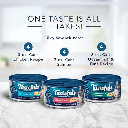 Blue Buffalo Tastefuls Natural Pate Wet Cat Food Variety Pack, Salmon, Chicken,Ocean Fish & Tuna Entrées 3-oz Cans (4 of Each Flavor), (Pack of 24)