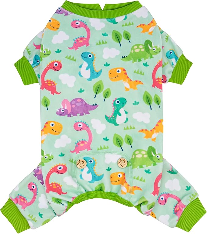 KYEESE Dog Pajamas Small Dog Pajamas with Colorful Dinosaurs Stretchy Pet Jammies Onesie Comfy Clothes for Dogs Boy Girl Velvet Pjs Jammies Soft Outfit, Medium
