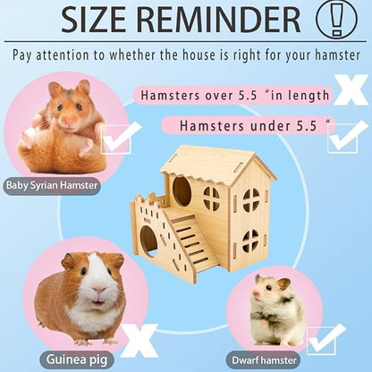 Natural Wood Hamster Habitat Hideout Cage Accessories, Maze Cabin with Fun Slide & Double-Decker House, Exercise Toys for Dwarf Hamsters, Gerbils, Mice, Other Small Animals(Only for Small Hamster E)