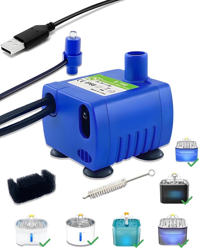 Cat Water Fountain Replacement Pump for DR-DC160 | IP68 Stainless Steel Submersible Pump, Quiet Design & Auto Shutoff Sensor for Pet Automatic Drinking Dispenser