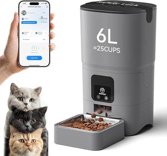 PAPIFEED Automatic Cat Feeder, 2.4G WiFi Cat Food Dispenser with App Control, 6L Timed Cat Feeders for Dry Food, Detachable for Easy Clean, Dual Power Supply, up to 10 Meals per Day, Gray