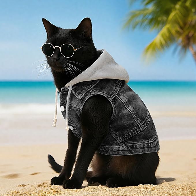 Cool Dog Jean Jacket Vest with D-Ring Black Denim Dogs Hoodies Outfits for Small Medium Dogs Cats Boy Male Dog Clothes Costume Dogggie Puppy Harness Coat for Frenchie Walking(Grey Hat,S)
