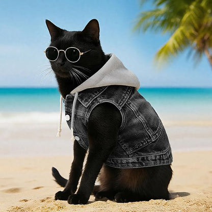 Cool Dog Jean Jacket Vest with D-Ring Black Denim Dogs Hoodies Outfits for Small Medium Dogs Cats Boy Male Dog Clothes Costume Dogggie Puppy Harness Coat for Frenchie Walking(Grey Hat,S)