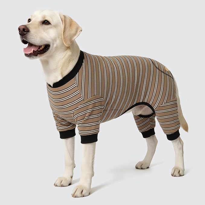 KYEESE Dog Pajamas, Soft Dog Pajamas for Medium Large Dogs Boy Girl, Comfy Dogs PJS Breathable Onesie Clothes, Stretchy Jammies Pet Sleepwear, Lightweight Puppy Jumpsuit Outfit, Khaki Striped, 2XL